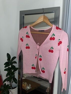 Cherry-Print Pink Tie-Front Sweater Cardigan